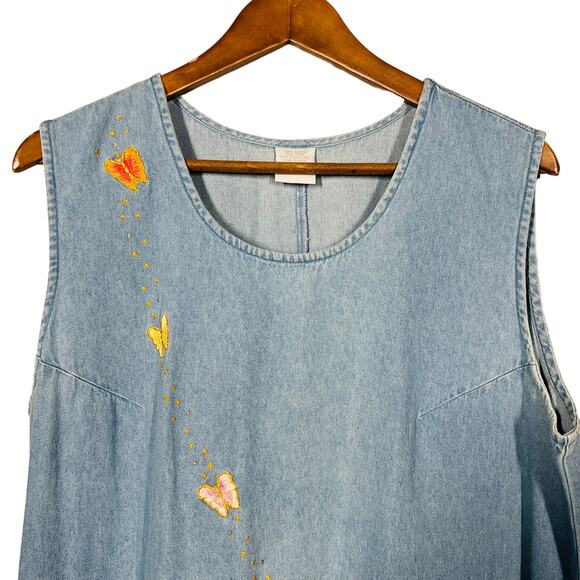 Vintage Chambray EMbroidered Butterfly Dress Modest Ankle - L - Picture 3 of 5